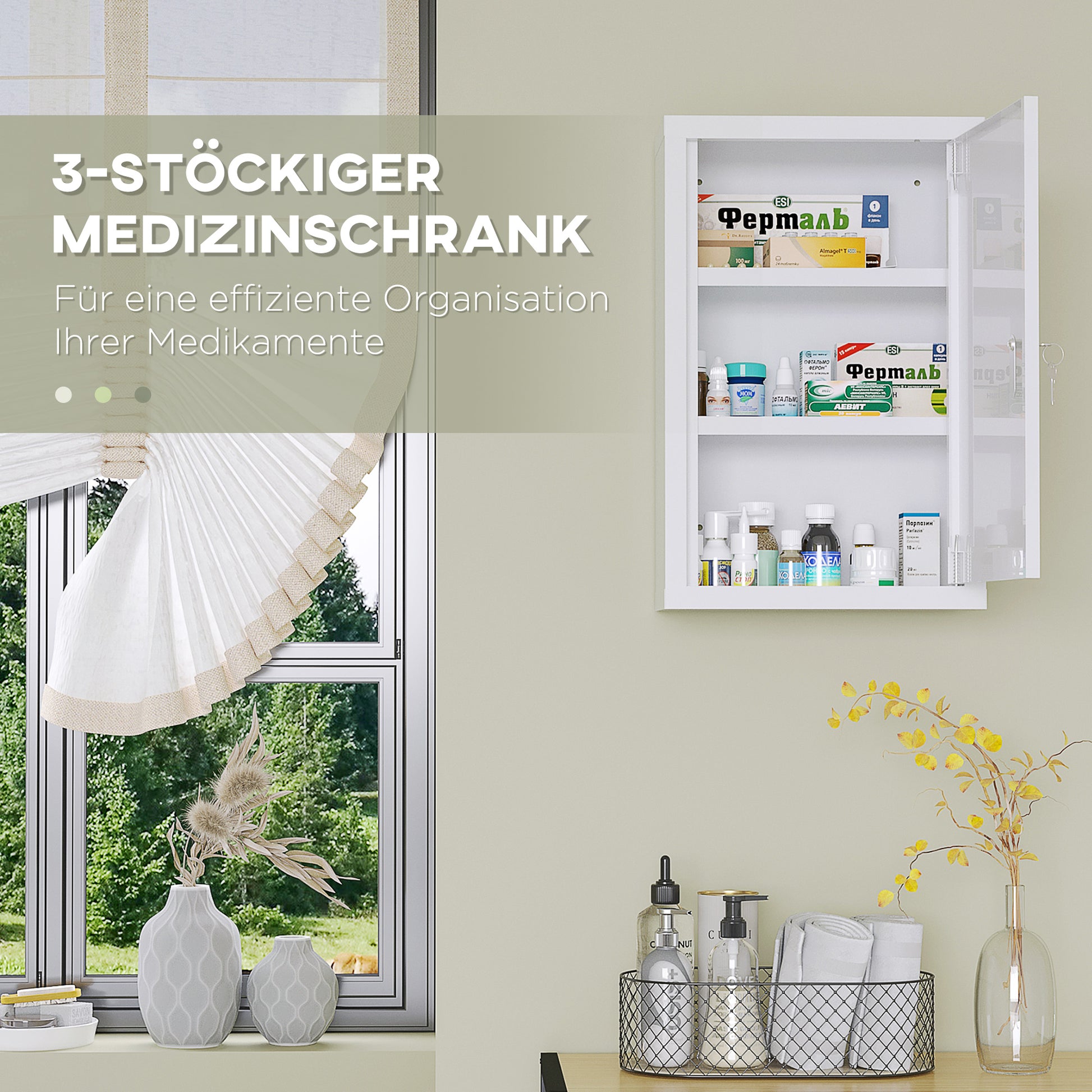 Medicine Cabinet, Pharmacy Cabinet with 3 Compartments, Medication Cabinet, Lockable First Aid Cabinet with 2 Keys, Steel, White, 30 x 14 x 46 cm