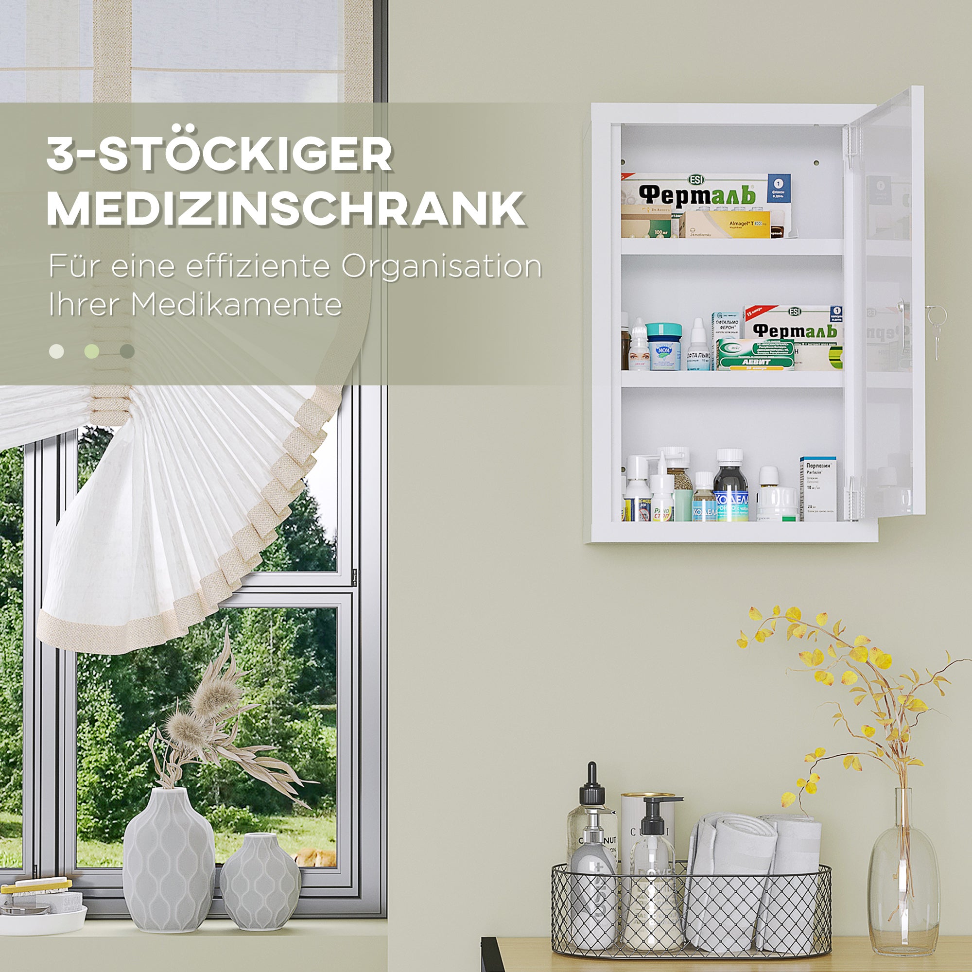 Medicine Cabinet, Pharmacy Cabinet with 3 Compartments, Medication Cabinet, Lockable First Aid Cabinet with 2 Keys, Steel, White, 30 x 14 x 46 cm