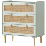 3-Drawer Dresser Bedroom Storage Unit Bohemian Style with Wooden Frame, Rattan Dresser for Bedroom, Living Room, Entryway, 80 x 40 x 87.5 cm, Olive Green