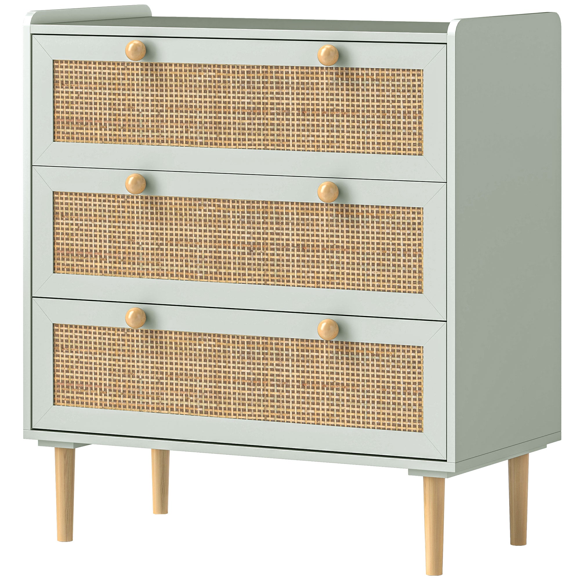 3-Drawer Dresser Bedroom Storage Unit Bohemian Style with Wooden Frame, Rattan Dresser for Bedroom, Living Room, Entryway, 80 x 40 x 87.5 cm, Olive Green