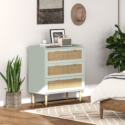 3-Drawer Dresser Bedroom Storage Unit Bohemian Style with Wooden Frame, Rattan Dresser for Bedroom, Living Room, Entryway, 80 x 40 x 87.5 cm, Olive Green