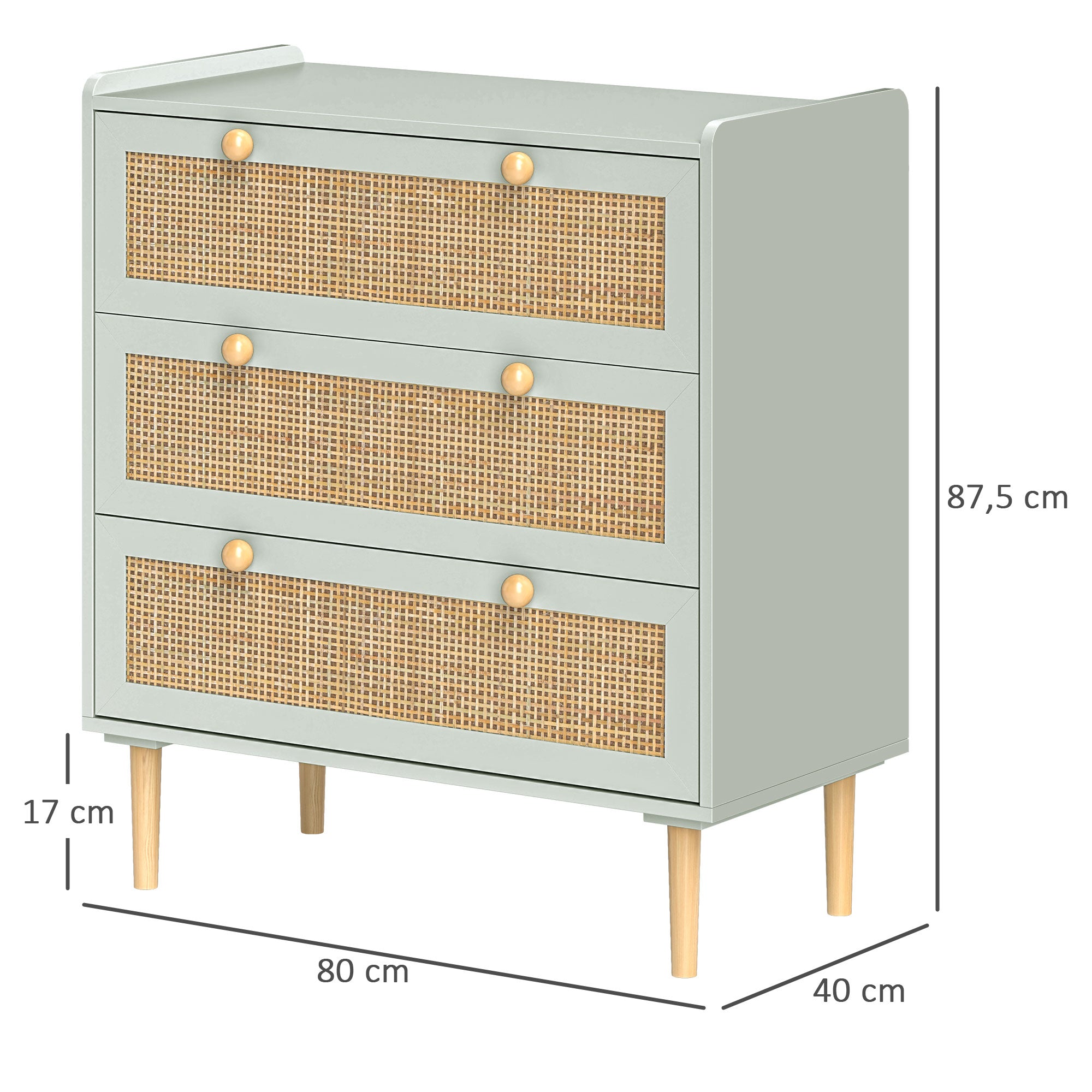 3-Drawer Dresser Bedroom Storage Unit Bohemian Style with Wooden Frame, Rattan Dresser for Bedroom, Living Room, Entryway, 80 x 40 x 87.5 cm, Olive Green