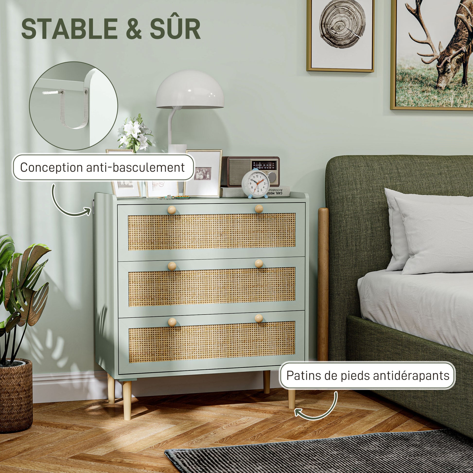 3-Drawer Dresser Bedroom Storage Unit Bohemian Style with Wooden Frame, Rattan Dresser for Bedroom, Living Room, Entryway, 80 x 40 x 87.5 cm, Olive Green