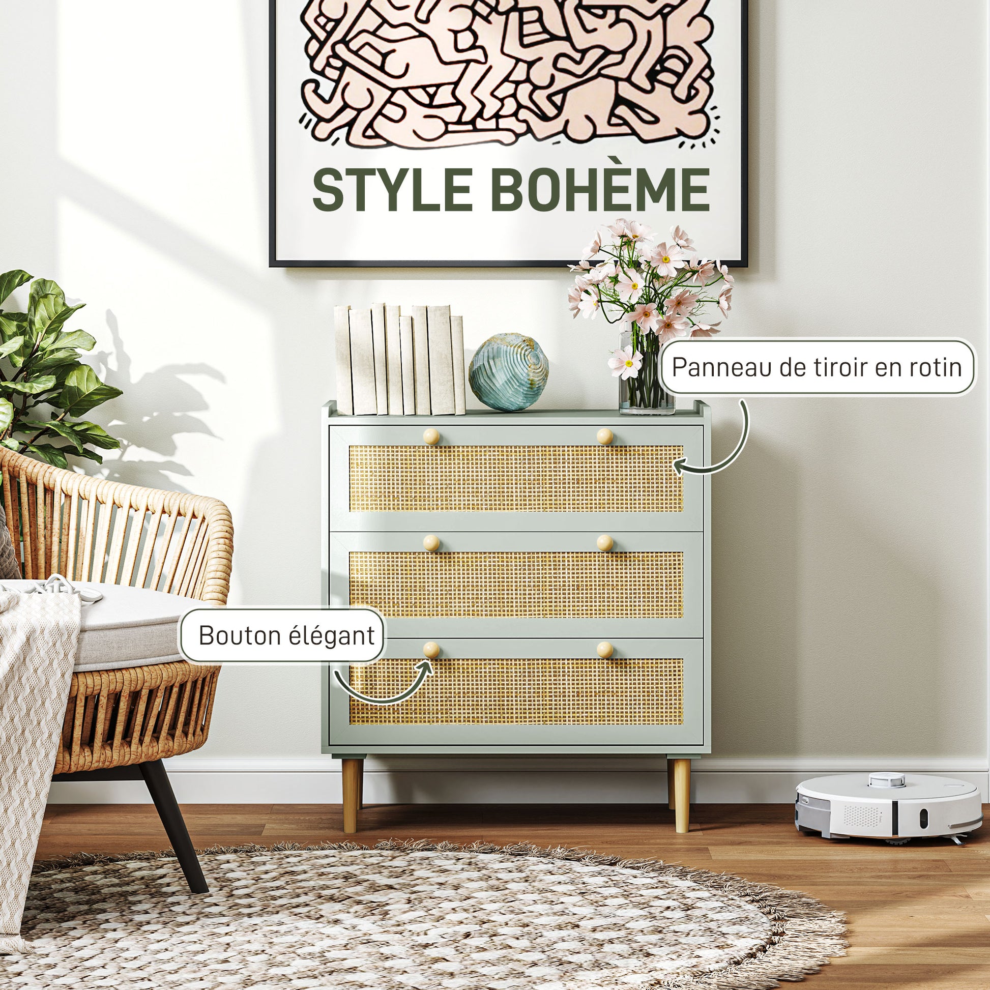 3-Drawer Dresser Bedroom Storage Unit Bohemian Style with Wooden Frame, Rattan Dresser for Bedroom, Living Room, Entryway, 80 x 40 x 87.5 cm, Olive Green