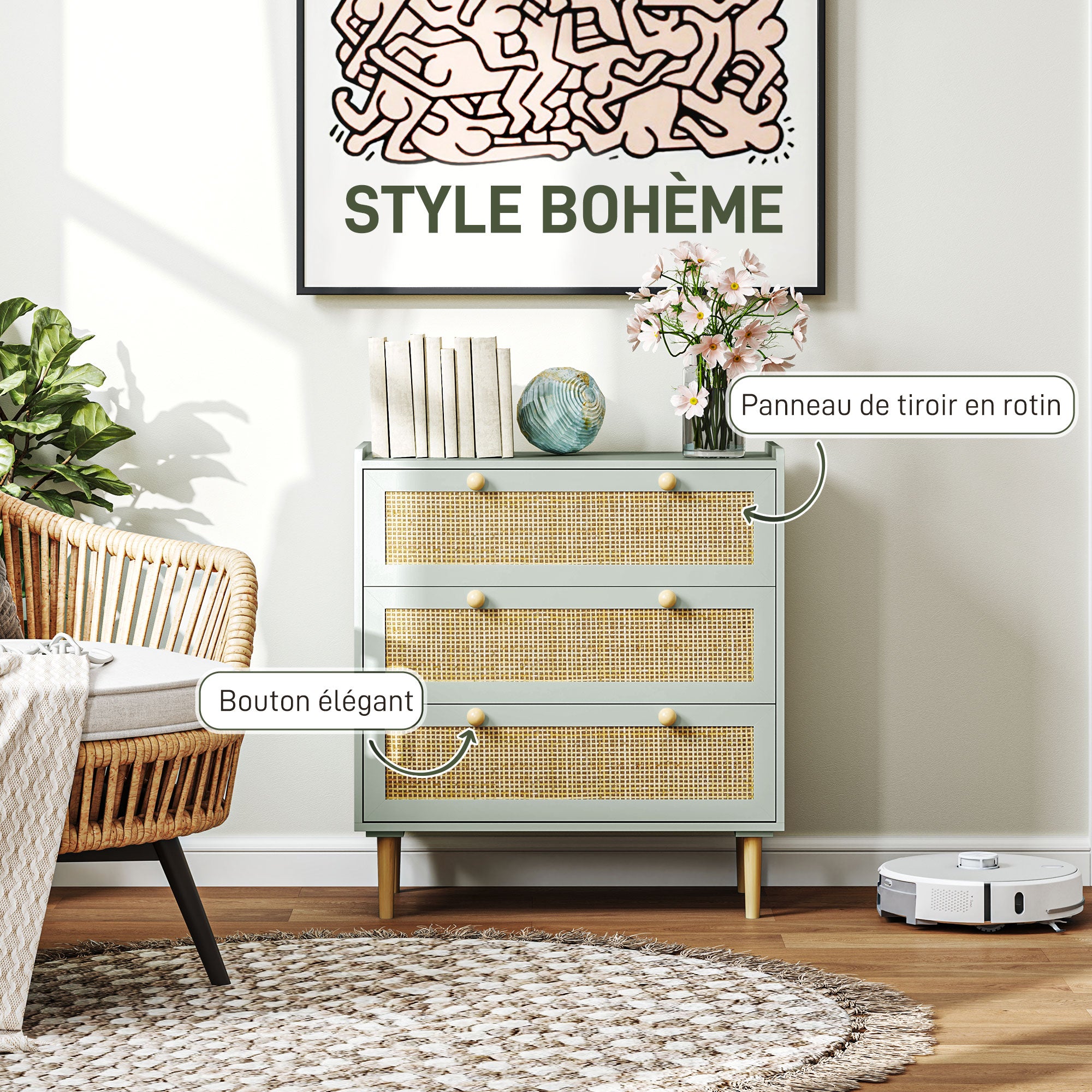 3-Drawer Dresser Bedroom Storage Unit Bohemian Style with Wooden Frame, Rattan Dresser for Bedroom, Living Room, Entryway, 80 x 40 x 87.5 cm, Olive Green