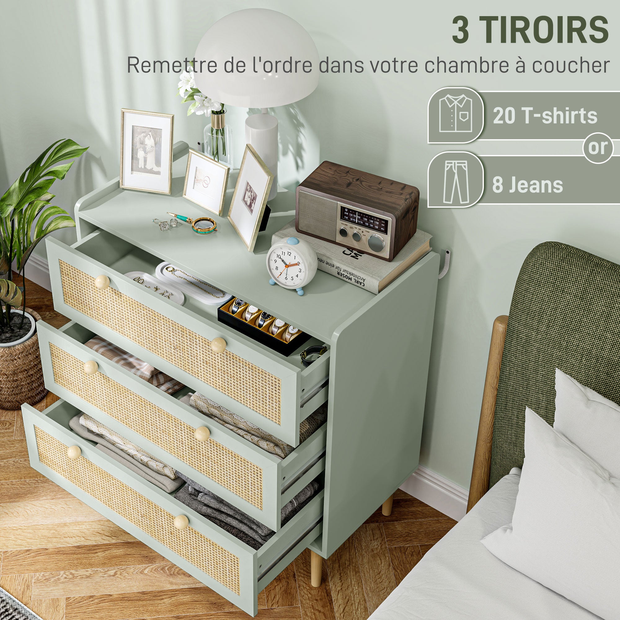 3-Drawer Dresser Bedroom Storage Unit Bohemian Style with Wooden Frame, Rattan Dresser for Bedroom, Living Room, Entryway, 80 x 40 x 87.5 cm, Olive Green