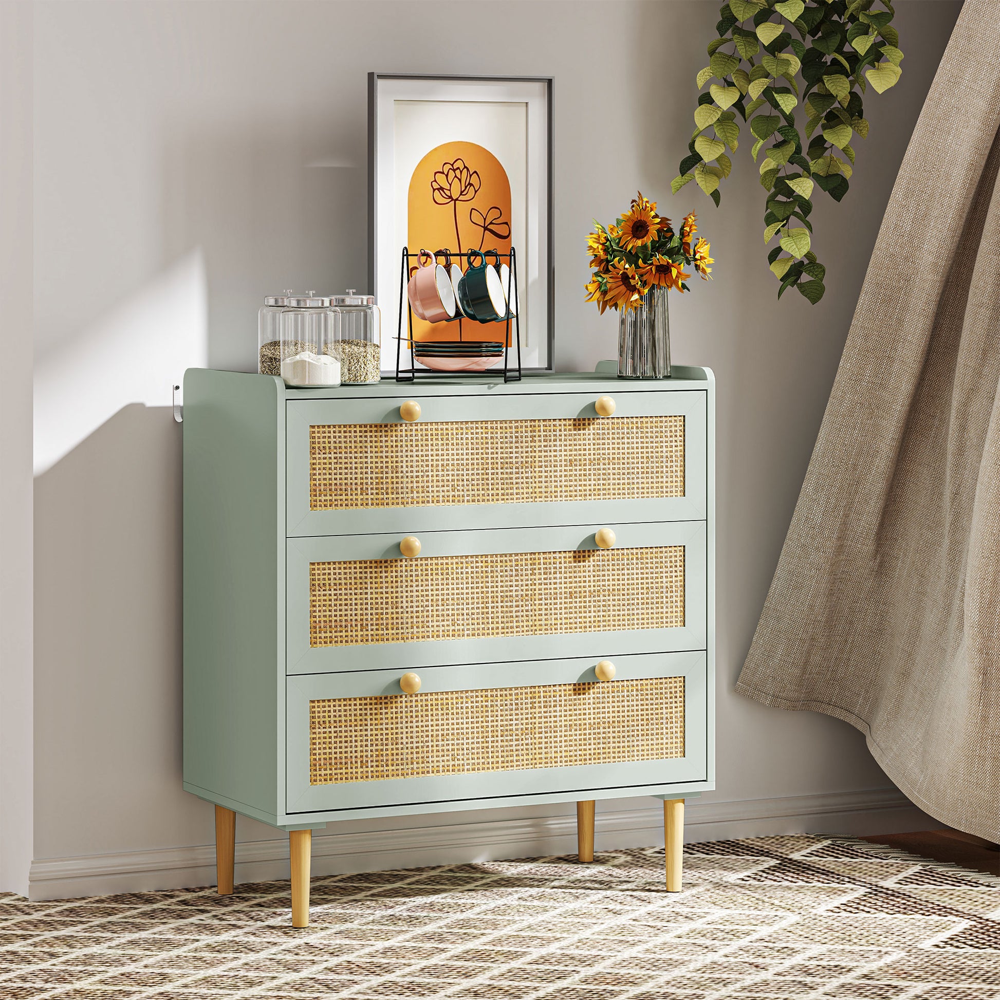 3-Drawer Dresser Bedroom Storage Unit Bohemian Style with Wooden Frame, Rattan Dresser for Bedroom, Living Room, Entryway, 80 x 40 x 87.5 cm, Olive Green
