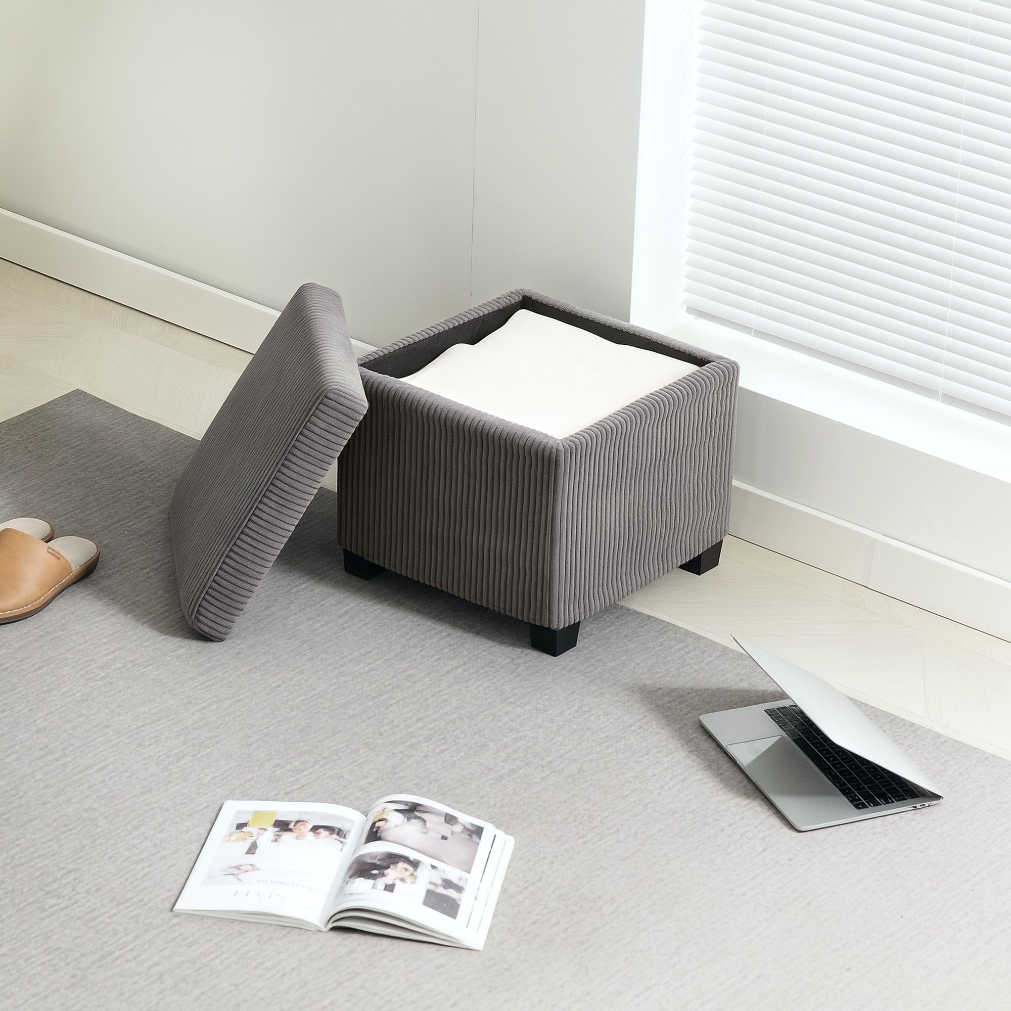 30L Storage Ottoman Cube Footrest Stool with Removable Lid, Upholstered in Corduroy Velvet, for Living Room Bedroom Entryway, Holds up to 120 Kg, 40 x 40 x 40 cm, Gray