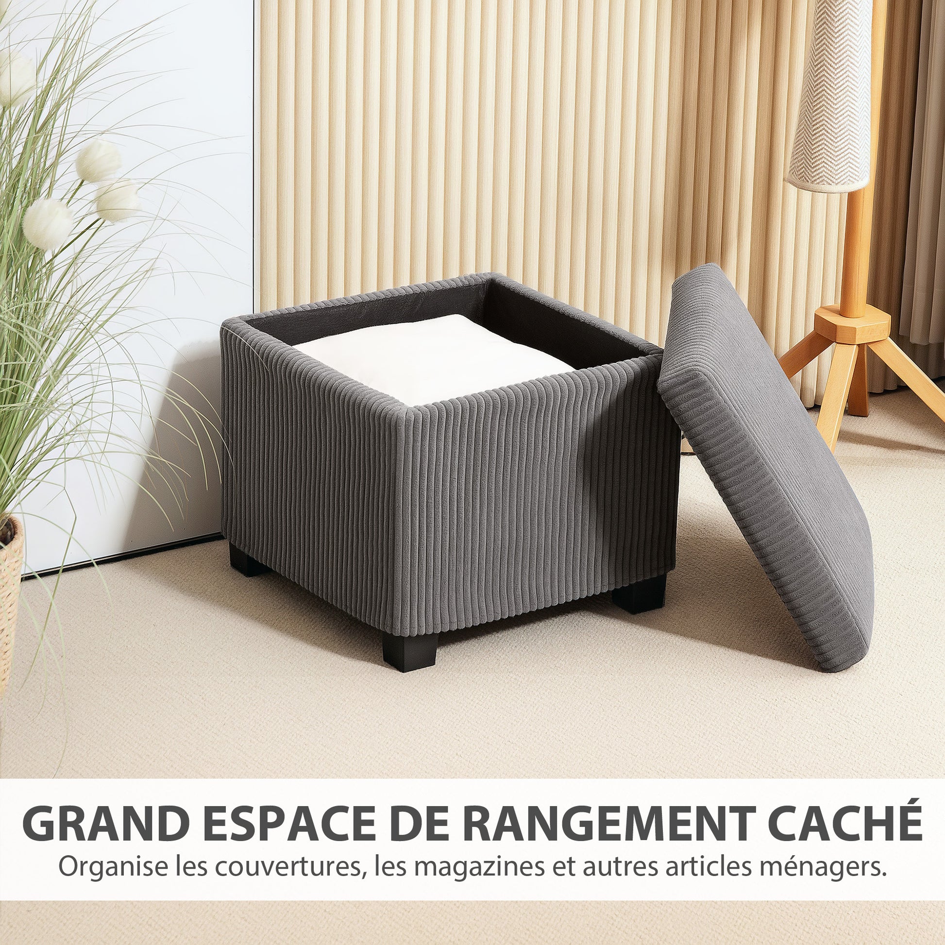 30L Storage Ottoman Cube Footrest Stool with Removable Lid, Upholstered in Corduroy Velvet, for Living Room Bedroom Entryway, Holds up to 120 Kg, 40 x 40 x 40 cm, Gray