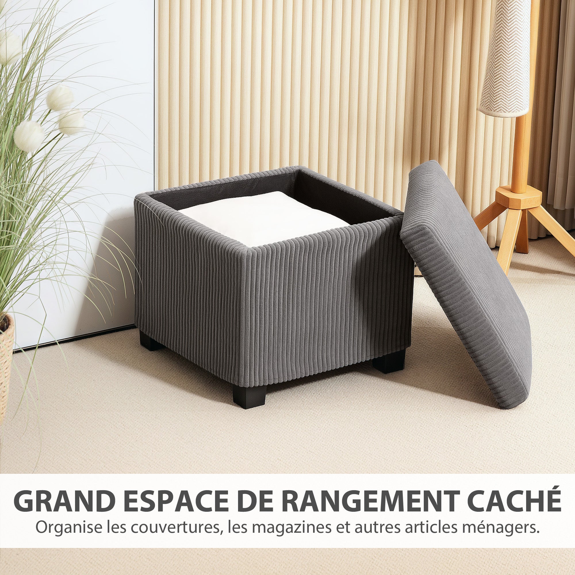 30L Storage Ottoman Cube Footrest Stool with Removable Lid, Upholstered in Corduroy Velvet, for Living Room Bedroom Entryway, Holds up to 120 Kg, 40 x 40 x 40 cm, Gray