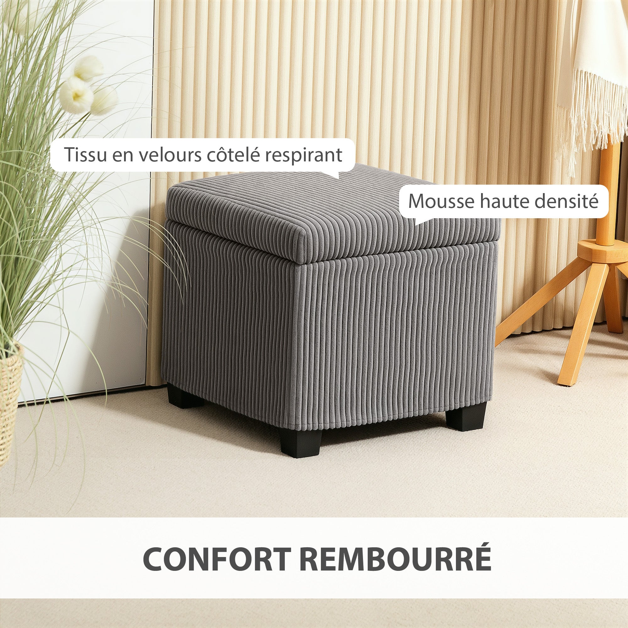 30L Storage Ottoman Cube Footrest Stool with Removable Lid, Upholstered in Corduroy Velvet, for Living Room Bedroom Entryway, Holds up to 120 Kg, 40 x 40 x 40 cm, Gray