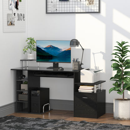 Computer Desk Writing Desk with 6 Shelves Drawer Keyboard Tray and Monitor Printer Stand for Office Study 152x60x88 cm Black