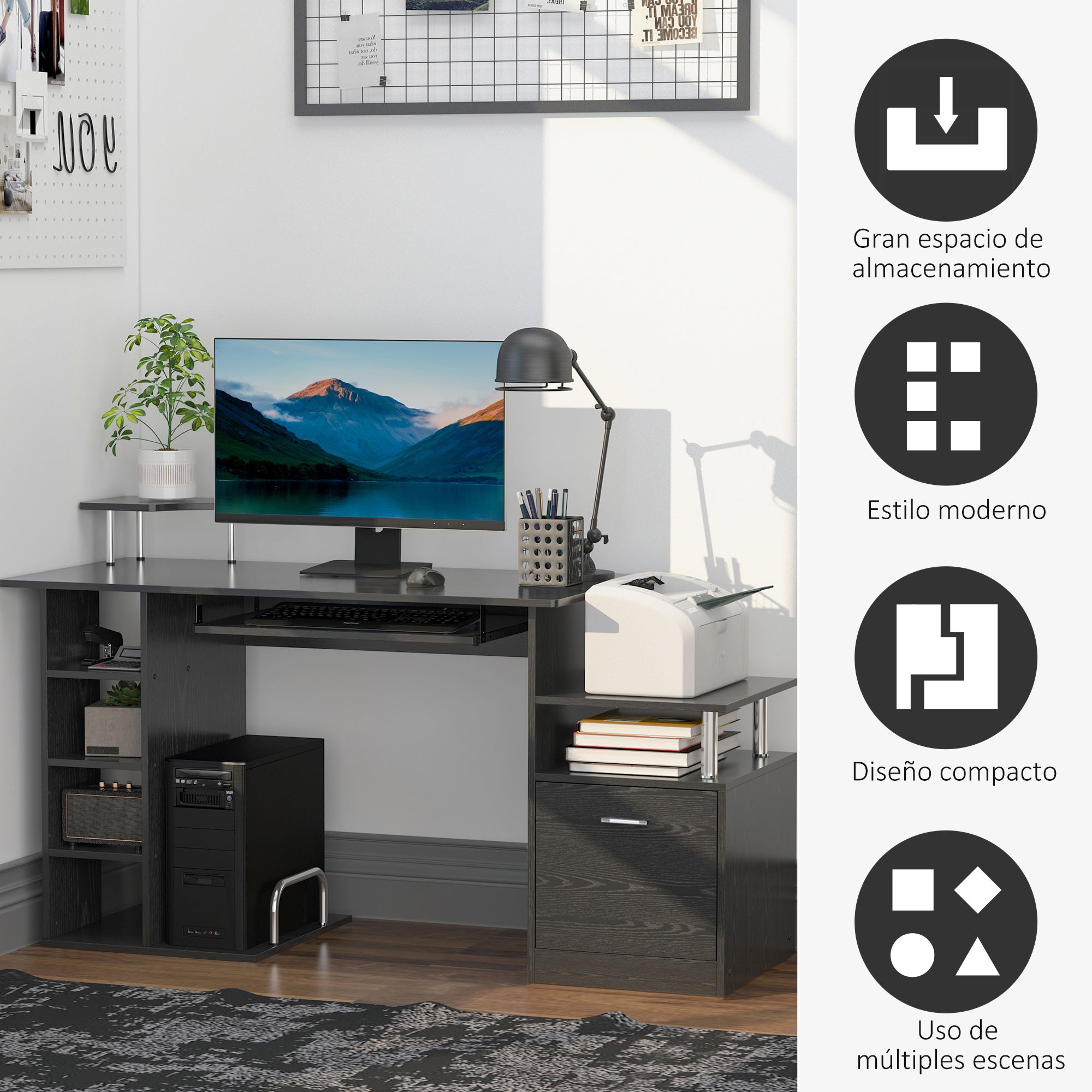 Computer Desk Writing Desk with 6 Shelves Drawer Keyboard Tray and Monitor Printer Stand for Office Study 152x60x88 cm Black