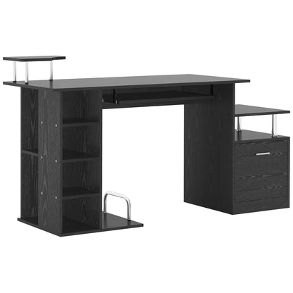 Computer Desk Writing Desk with 6 Shelves Drawer Keyboard Tray and Monitor Printer Stand for Office Study 152x60x88 cm Black