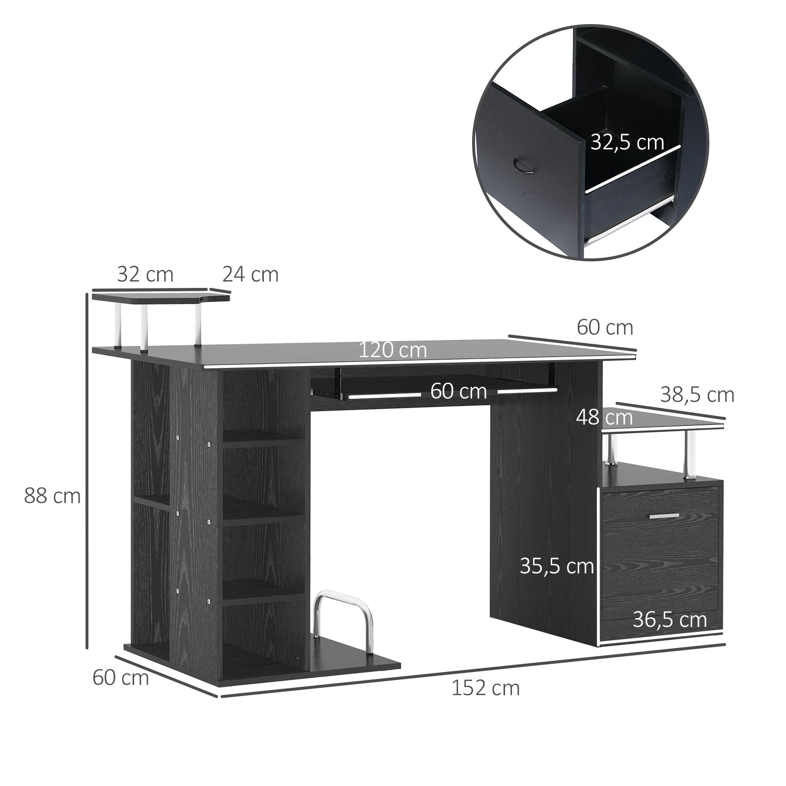Computer Desk Writing Desk with 6 Shelves Drawer Keyboard Tray and Monitor Printer Stand for Office Study 152x60x88 cm Black