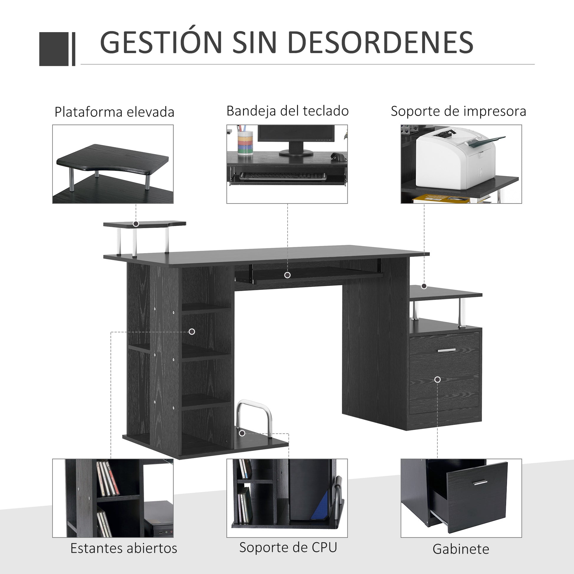 Computer Desk Writing Desk with 6 Shelves Drawer Keyboard Tray and Monitor Printer Stand for Office Study 152x60x88 cm Black