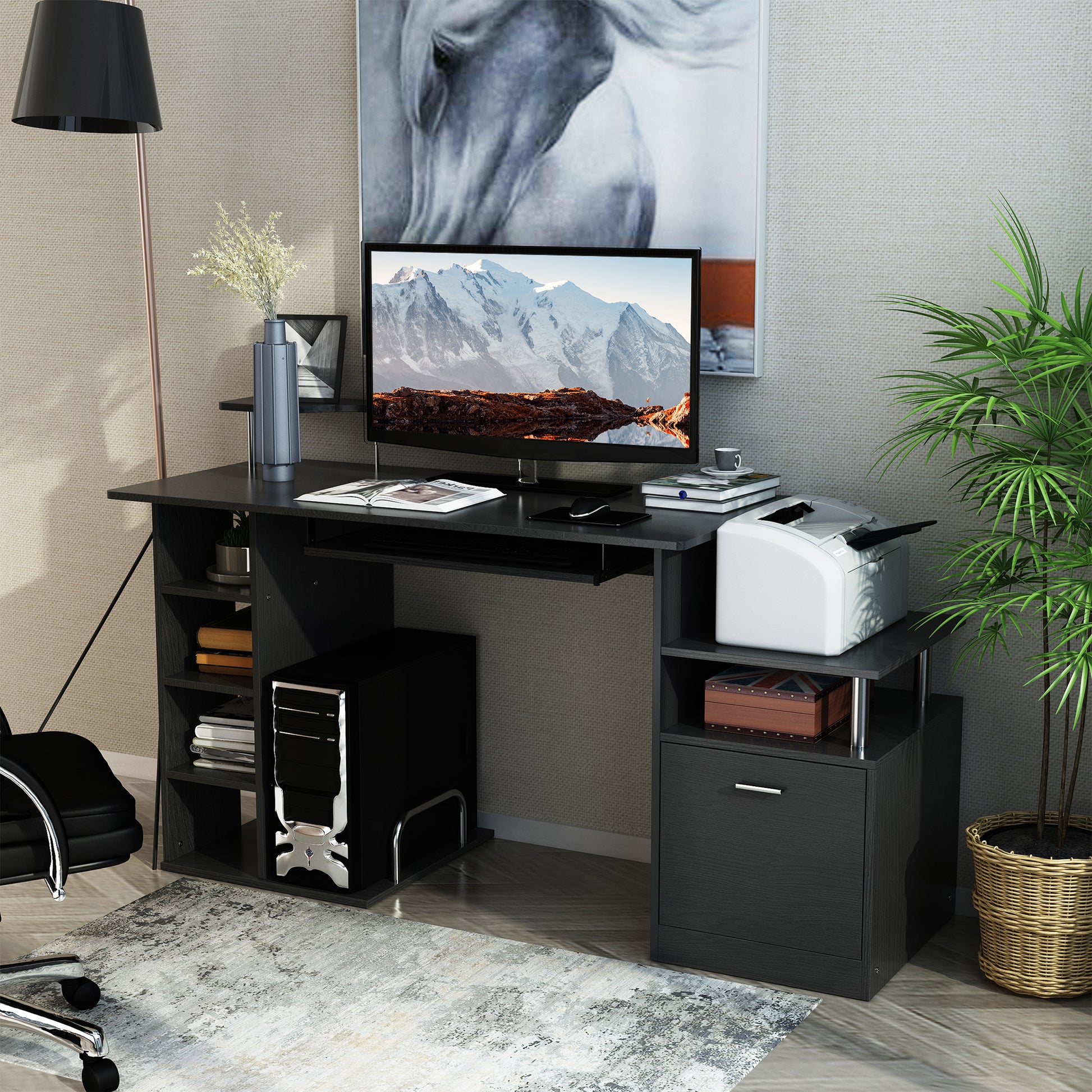 Computer Desk Writing Desk with 6 Shelves Drawer Keyboard Tray and Monitor Printer Stand for Office Study 152x60x88 cm Black