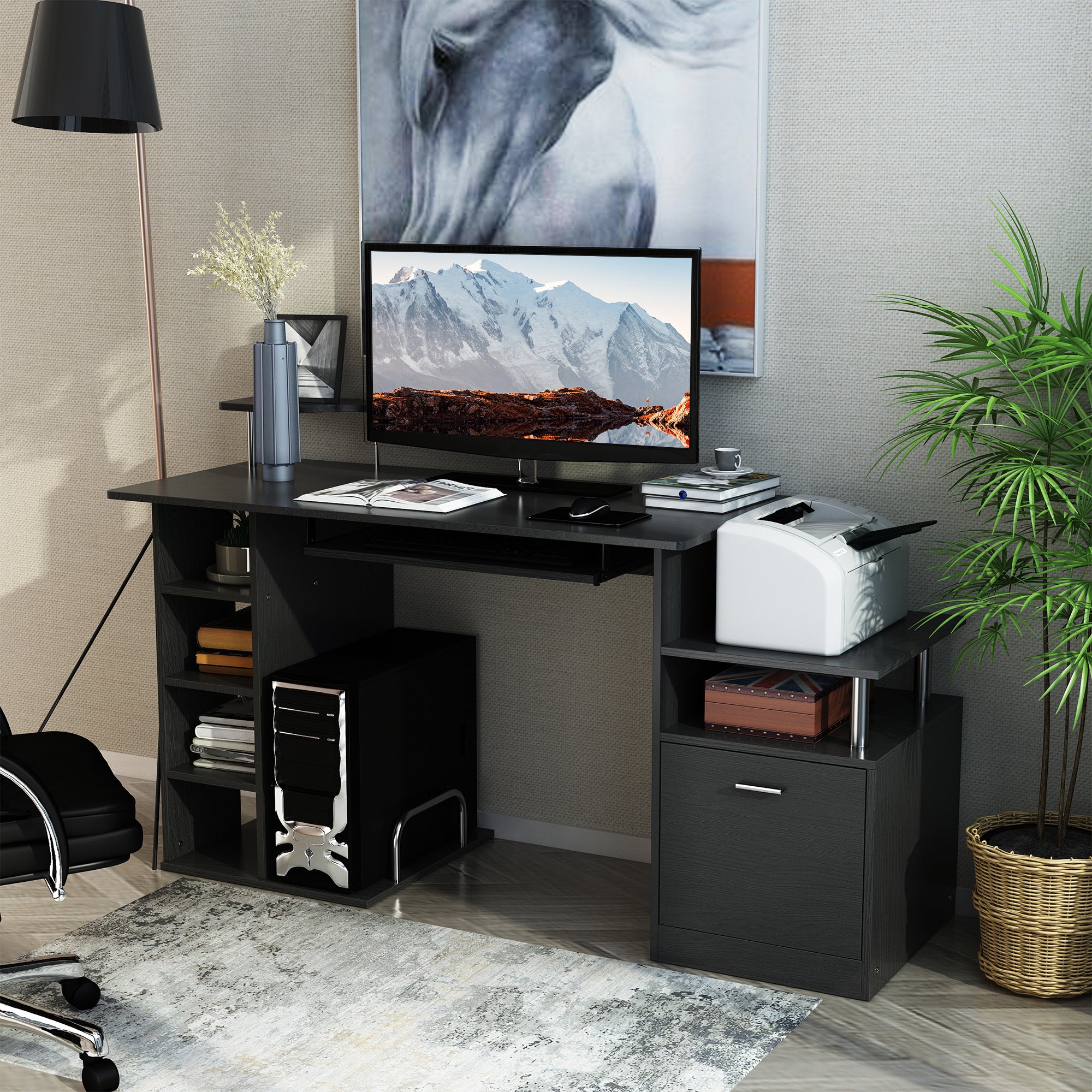 Computer Desk Writing Desk with 6 Shelves Drawer Keyboard Tray and Monitor Printer Stand for Office Study 152x60x88 cm Black
