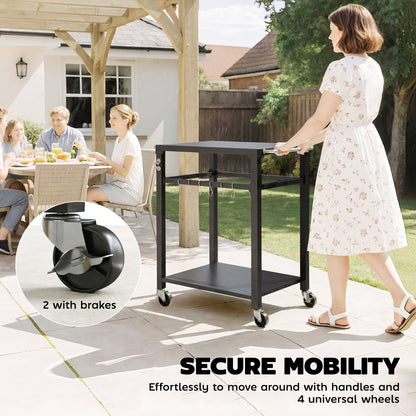 Outdoor Grill Cart — Pizza Oven Stand with Metal Worktop, 2-Tier Rolling Kitchen Station with Hooks, Handle & Locking Wheels, Black