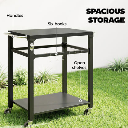 Outdoor Grill Cart — Pizza Oven Stand with Metal Worktop, 2-Tier Rolling Kitchen Station with Hooks, Handle & Locking Wheels, Black