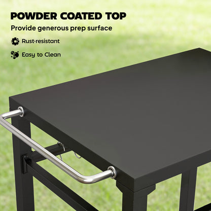 Outdoor Grill Cart — Pizza Oven Stand with Metal Worktop, 2-Tier Rolling Kitchen Station with Hooks, Handle & Locking Wheels, Black