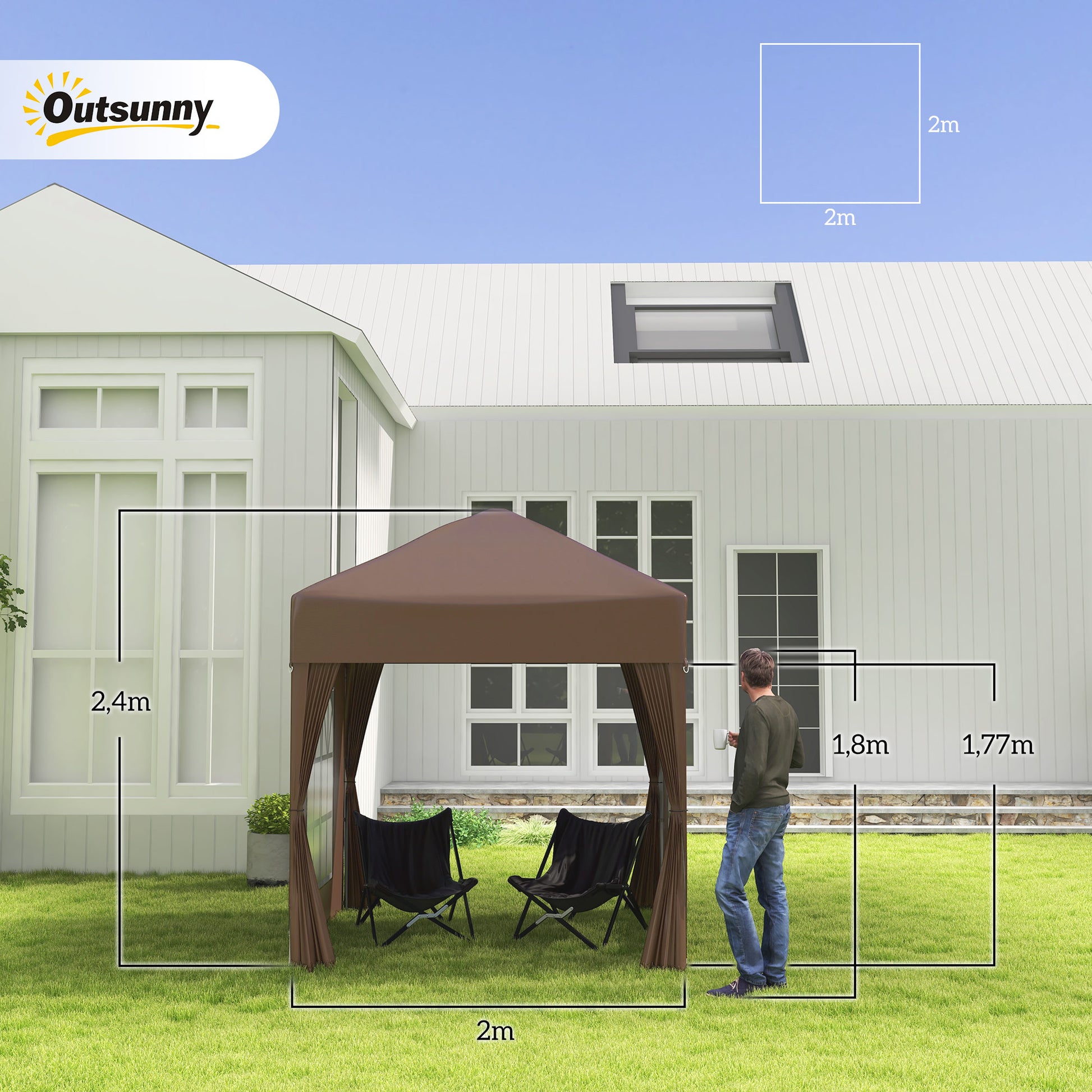 Pavilion 2x2m Waterproof, Pop-Up Folding Pavilion with 4 Side Walls, Drainage Holes Window, Foldable Party Tent UV 30+, Garden Tent with Carry Bag, Garden Pavilion for Patio, Brown