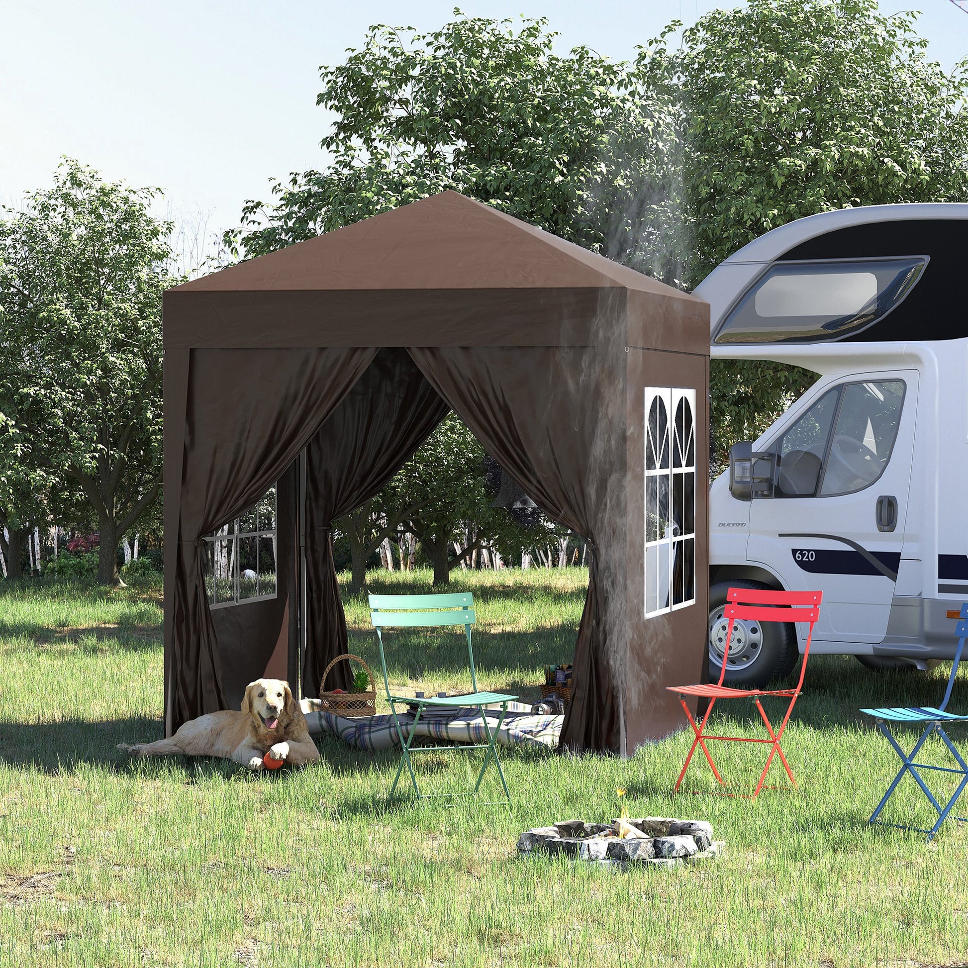 Pavilion 2x2m Waterproof, Pop-Up Folding Pavilion with 4 Side Walls, Drainage Holes Window, Foldable Party Tent UV 30+, Garden Tent with Carry Bag, Garden Pavilion for Patio, Brown