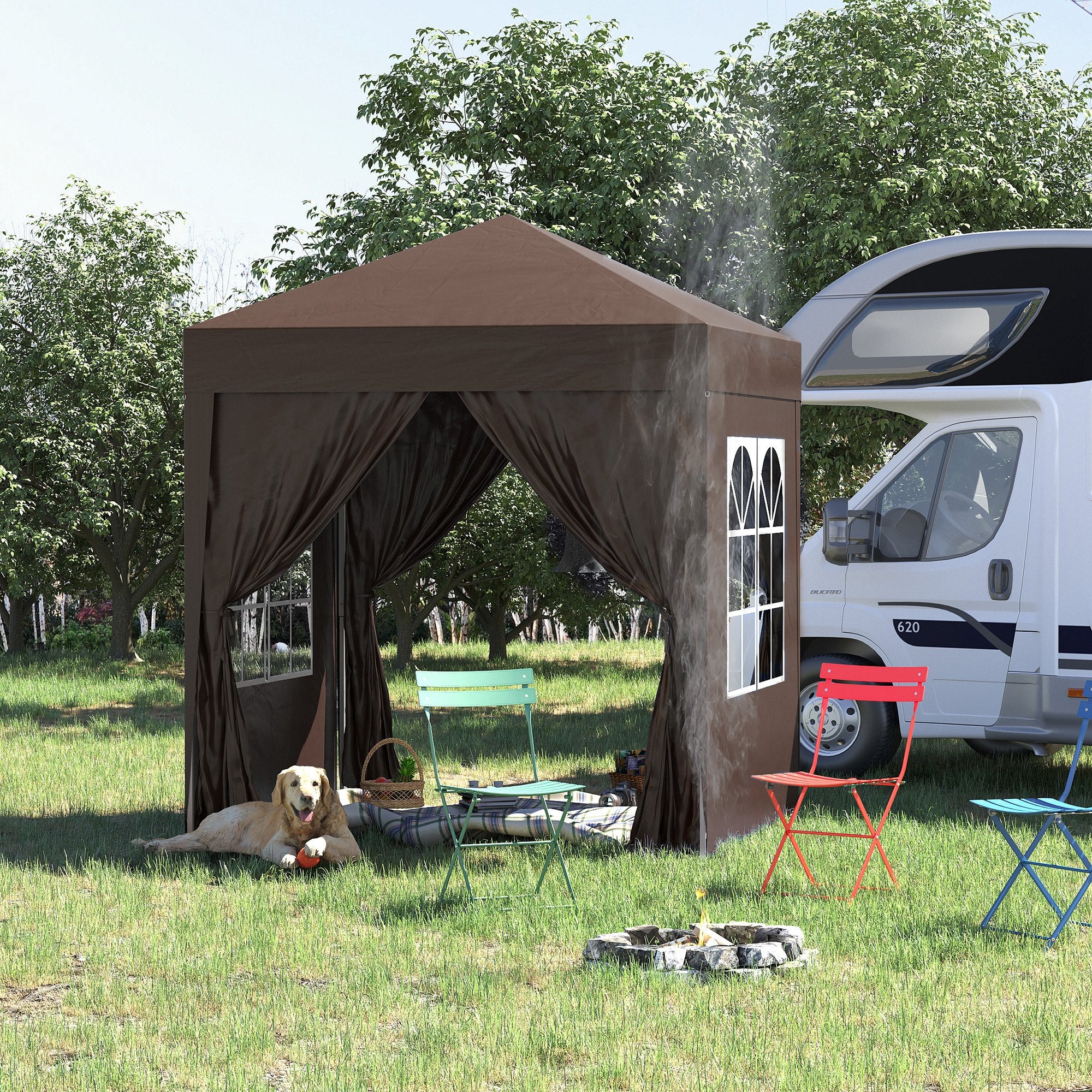 Pavilion 2x2m Waterproof, Pop-Up Folding Pavilion with 4 Side Walls, Drainage Holes Window, Foldable Party Tent UV 30+, Garden Tent with Carry Bag, Garden Pavilion for Patio, Brown