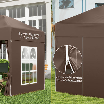 Pavilion 2x2m Waterproof, Pop-Up Folding Pavilion with 4 Side Walls, Drainage Holes Window, Foldable Party Tent UV 30+, Garden Tent with Carry Bag, Garden Pavilion for Patio, Brown