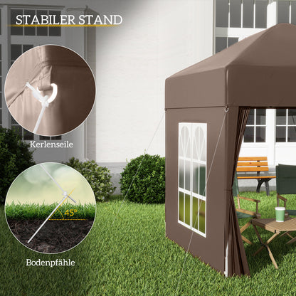 Pavilion 2x2m Waterproof, Pop-Up Folding Pavilion with 4 Side Walls, Drainage Holes Window, Foldable Party Tent UV 30+, Garden Tent with Carry Bag, Garden Pavilion for Patio, Brown