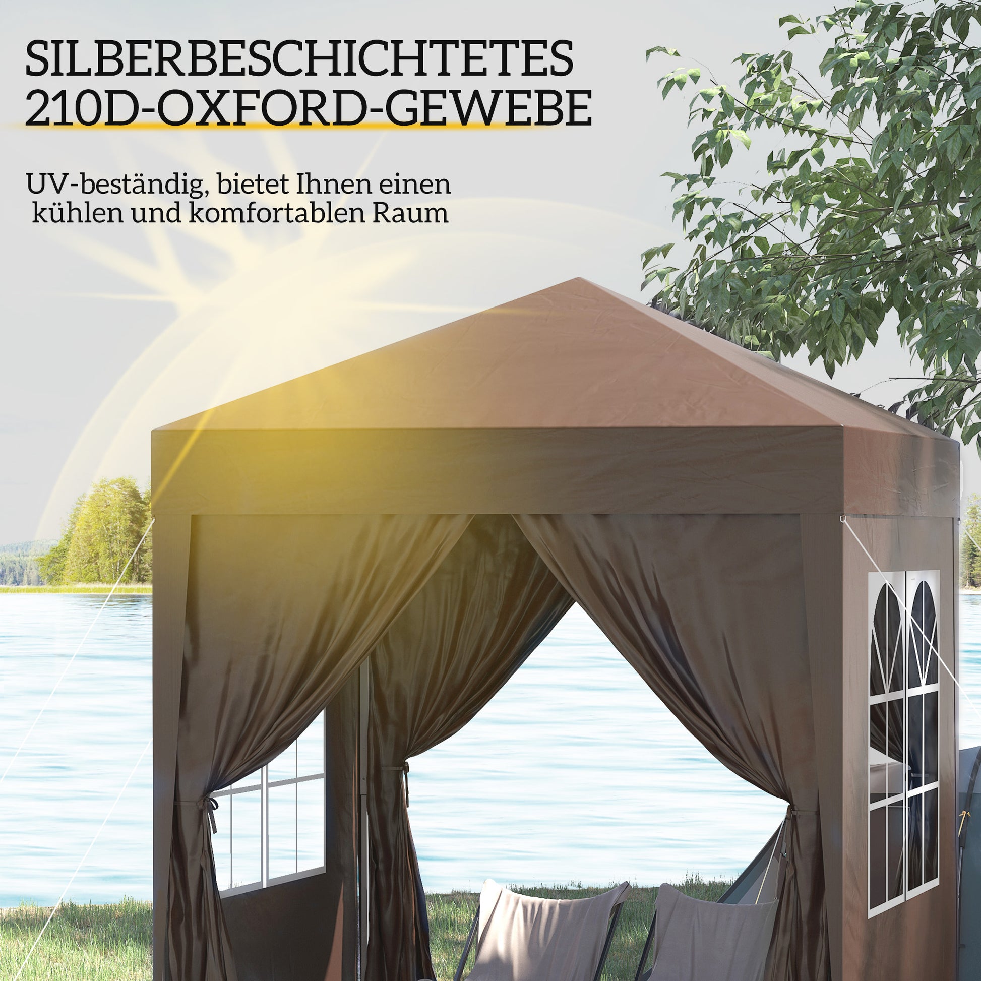 Pavilion 2x2m Waterproof, Pop-Up Folding Pavilion with 4 Side Walls, Drainage Holes Window, Foldable Party Tent UV 30+, Garden Tent with Carry Bag, Garden Pavilion for Patio, Brown