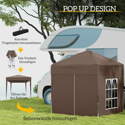 Pavilion 2x2m Waterproof, Pop-Up Folding Pavilion with 4 Side Walls, Drainage Holes Window, Foldable Party Tent UV 30+, Garden Tent with Carry Bag, Garden Pavilion for Patio, Brown