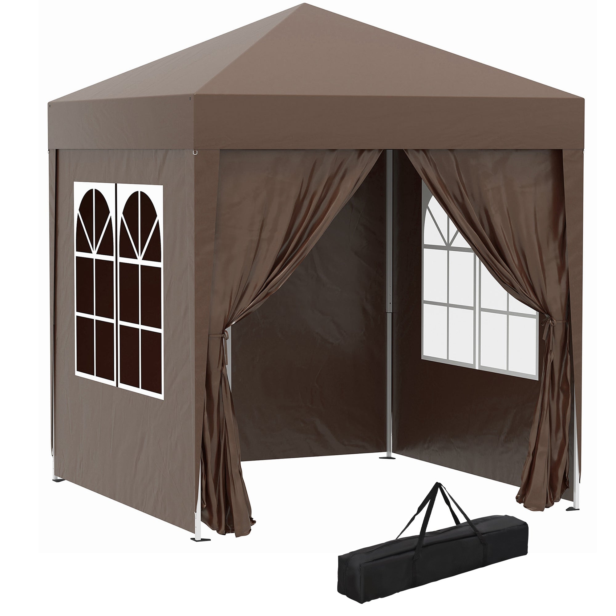 Pavilion 2x2m Waterproof, Pop-Up Folding Pavilion with 4 Side Walls, Drainage Holes Window, Foldable Party Tent UV 30+, Garden Tent with Carry Bag, Garden Pavilion for Patio, Brown
