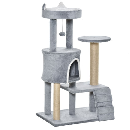 Cat Scratching Tree with Perch, House, Ramp, and Toy Ball, Cat Gym, Cat Tower in Chipboard, Jute, and Plush, 60x40x100 cm, Light Grey