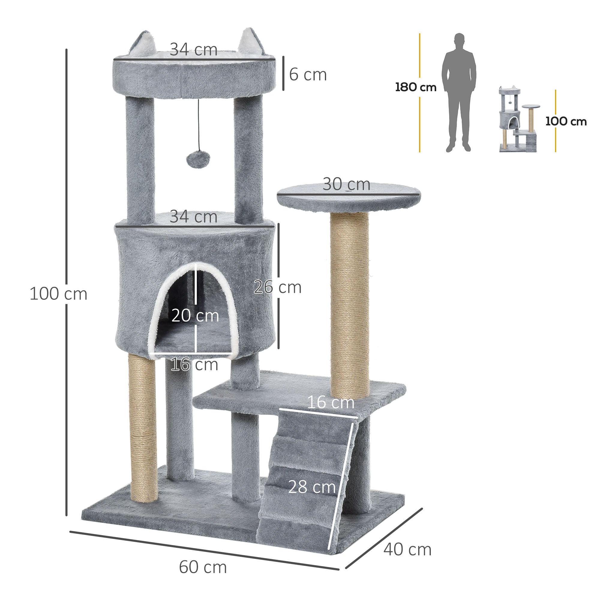 Cat Scratching Tree with Perch, House, Ramp, and Toy Ball, Cat Gym, Cat Tower in Chipboard, Jute, and Plush, 60x40x100 cm, Light Grey