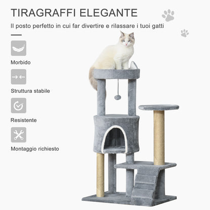 Cat Scratching Tree with Perch, House, Ramp, and Toy Ball, Cat Gym, Cat Tower in Chipboard, Jute, and Plush, 60x40x100 cm, Light Grey