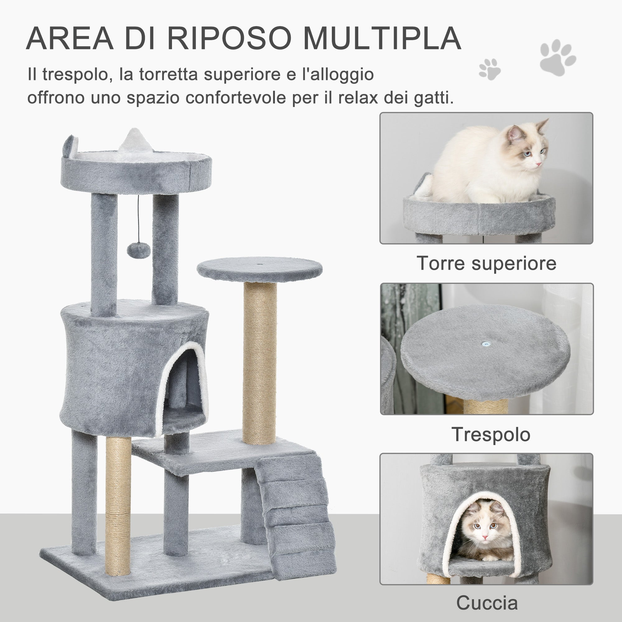 Cat Scratching Tree with Perch, House, Ramp, and Toy Ball, Cat Gym, Cat Tower in Chipboard, Jute, and Plush, 60x40x100 cm, Light Grey