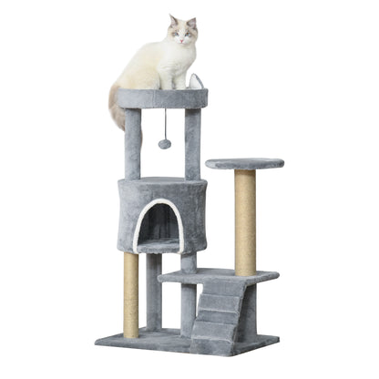 Cat Scratching Tree with Perch, House, Ramp, and Toy Ball, Cat Gym, Cat Tower in Chipboard, Jute, and Plush, 60x40x100 cm, Light Grey