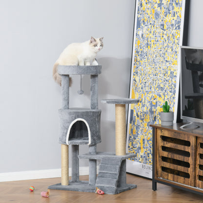 Cat Scratching Tree with Perch, House, Ramp, and Toy Ball, Cat Gym, Cat Tower in Chipboard, Jute, and Plush, 60x40x100 cm, Light Grey