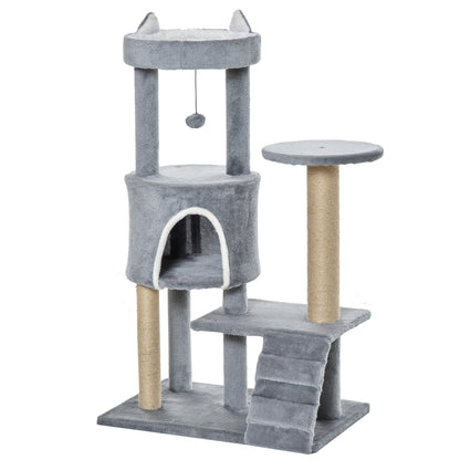Cat Scratching Tree with Perch, House, Ramp, and Toy Ball, Cat Gym, Cat Tower in Chipboard, Jute, and Plush, 60x40x100 cm, Light Grey