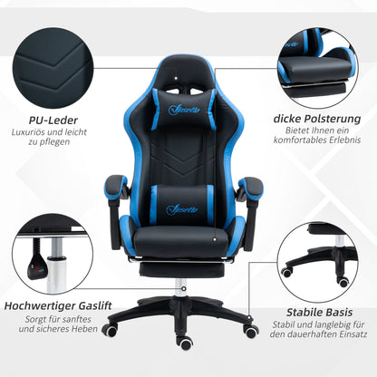 Gaming Chair Office Chair Computer Chair with Lumbar Pillow, Headrest, Gaming Armchair, Adjustable Desk Chair with Footrest, Faux Leather, Black+Blue