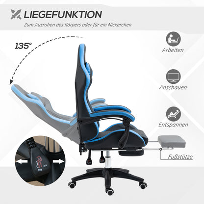 Gaming Chair Office Chair Computer Chair with Lumbar Pillow, Headrest, Gaming Armchair, Adjustable Desk Chair with Footrest, Faux Leather, Black+Blue