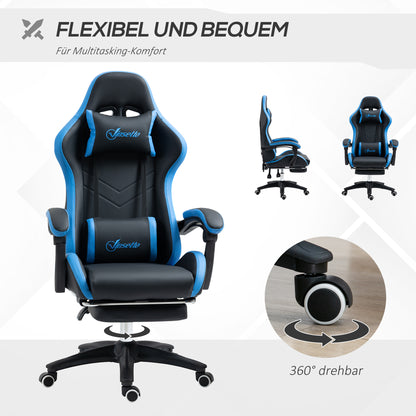 Gaming Chair Office Chair Computer Chair with Lumbar Pillow, Headrest, Gaming Armchair, Adjustable Desk Chair with Footrest, Faux Leather, Black+Blue