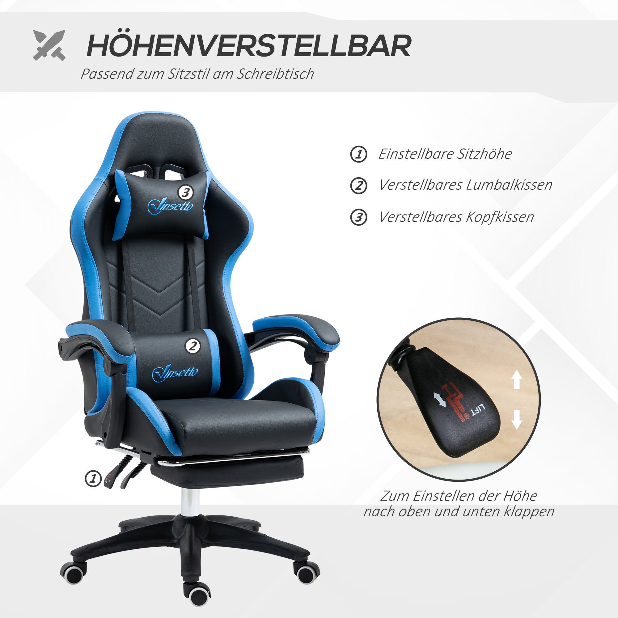 Gaming Chair Office Chair Computer Chair with Lumbar Pillow, Headrest, Gaming Armchair, Adjustable Desk Chair with Footrest, Faux Leather, Black+Blue