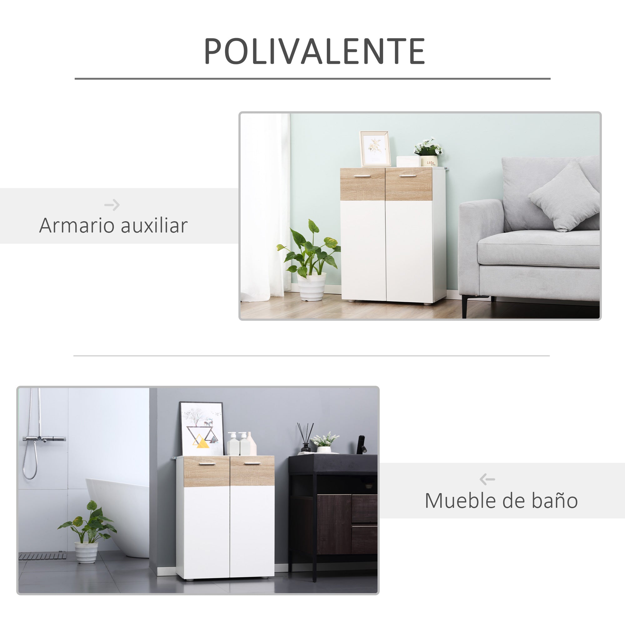 Floor Cabinet for Bathroom with 2 Doors and Adjustable Interior Shelves Multi-Purpose Wood Auxiliary Furniture for Living Room Kitchen Dining Room 60x30x85 cm White