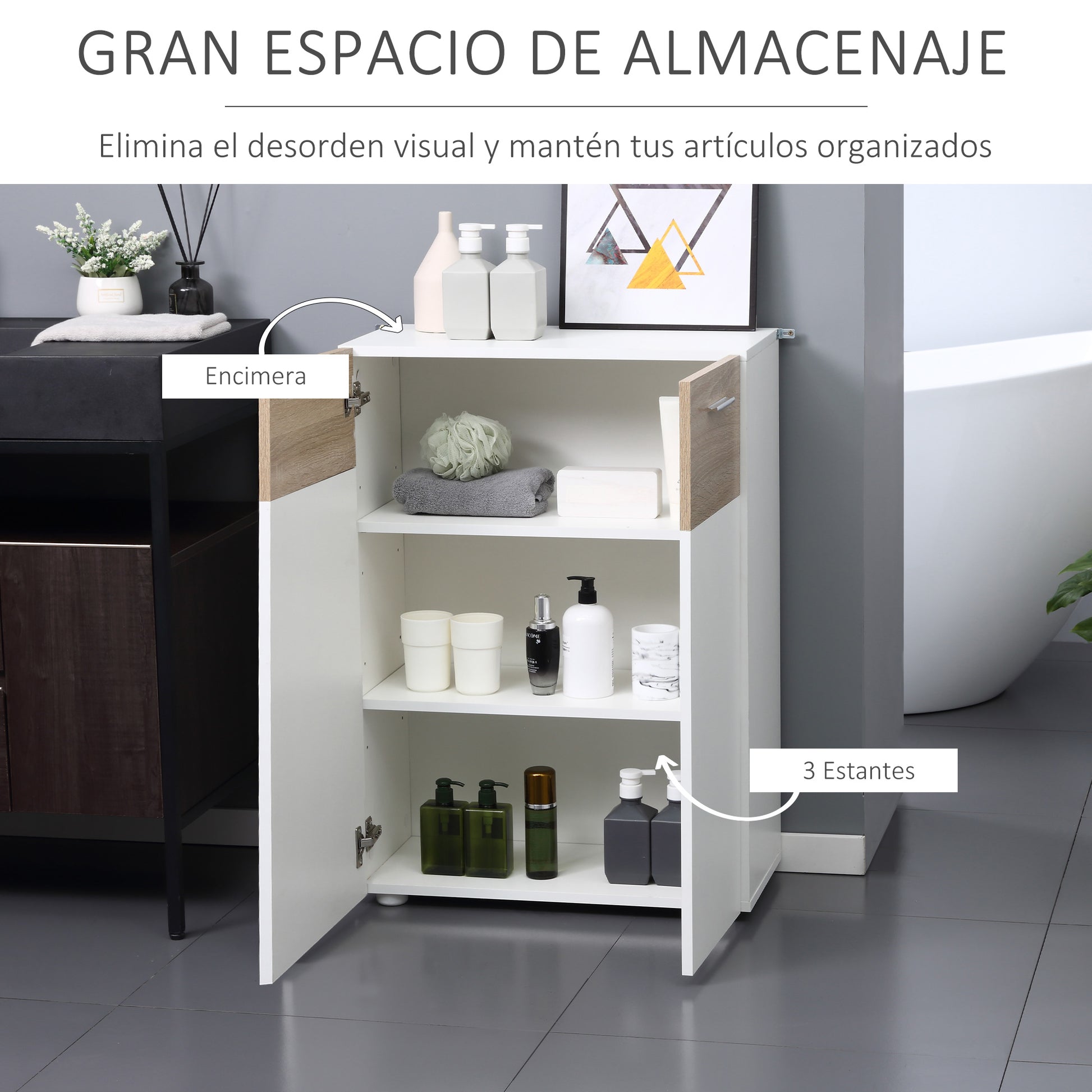 Floor Cabinet for Bathroom with 2 Doors and Adjustable Interior Shelves Multi-Purpose Wood Auxiliary Furniture for Living Room Kitchen Dining Room 60x30x85 cm White