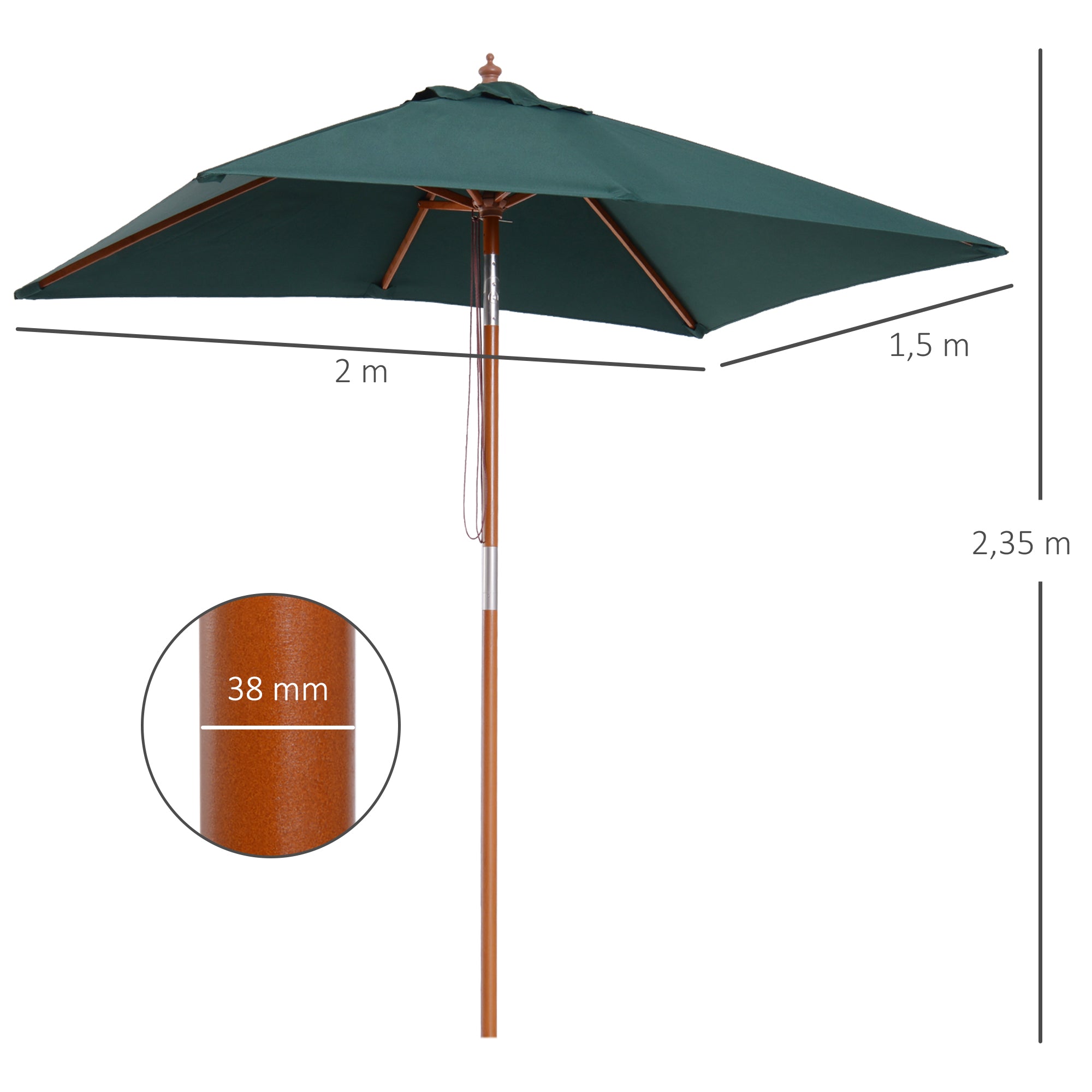 Garden Umbrella 200x150 cm Rectangular Patio Umbrella with Adjustable Angle Wooden Pole and Crank Parasol for Patio Terrace Green