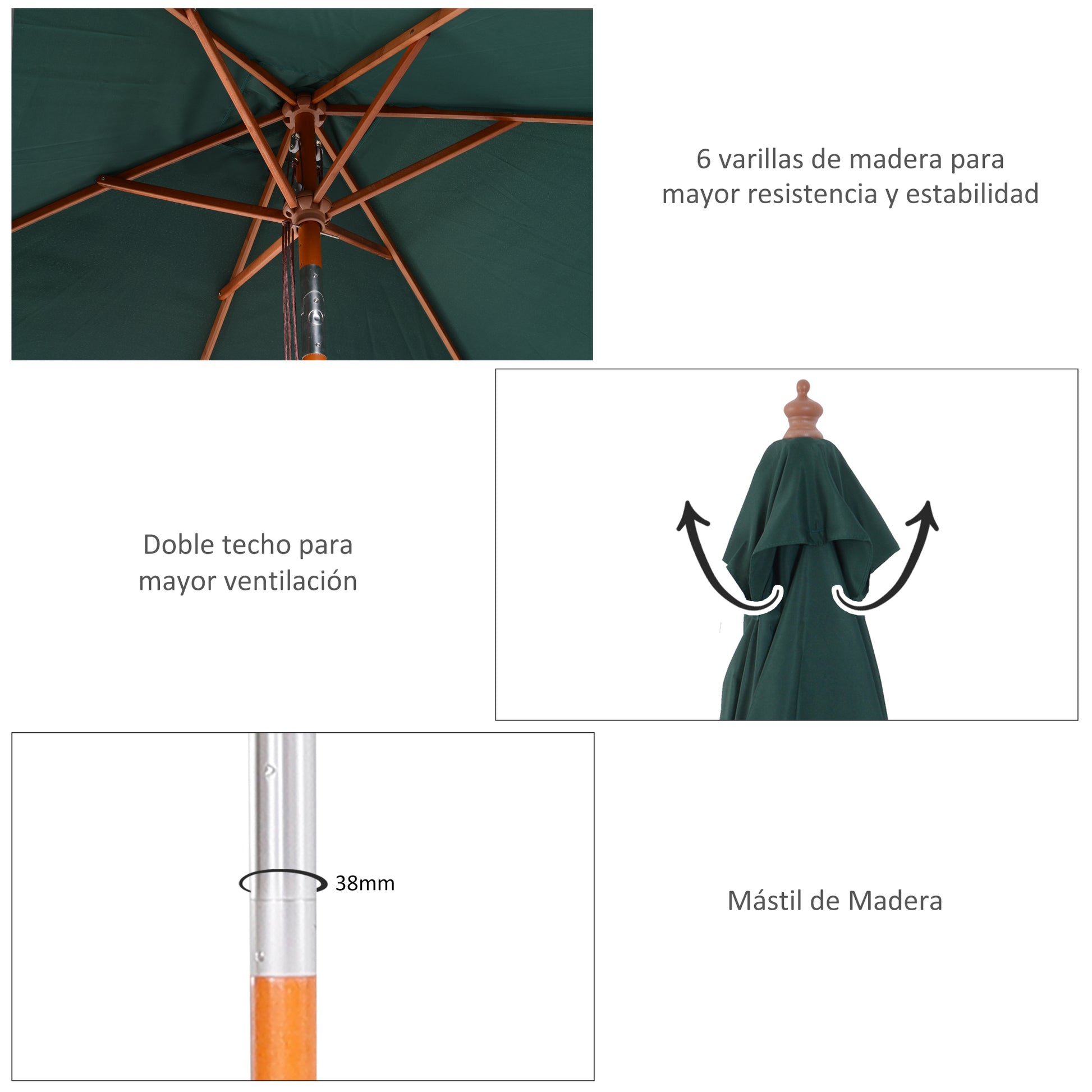 Garden Umbrella 200x150 cm Rectangular Patio Umbrella with Adjustable Angle Wooden Pole and Crank Parasol for Patio Terrace Green