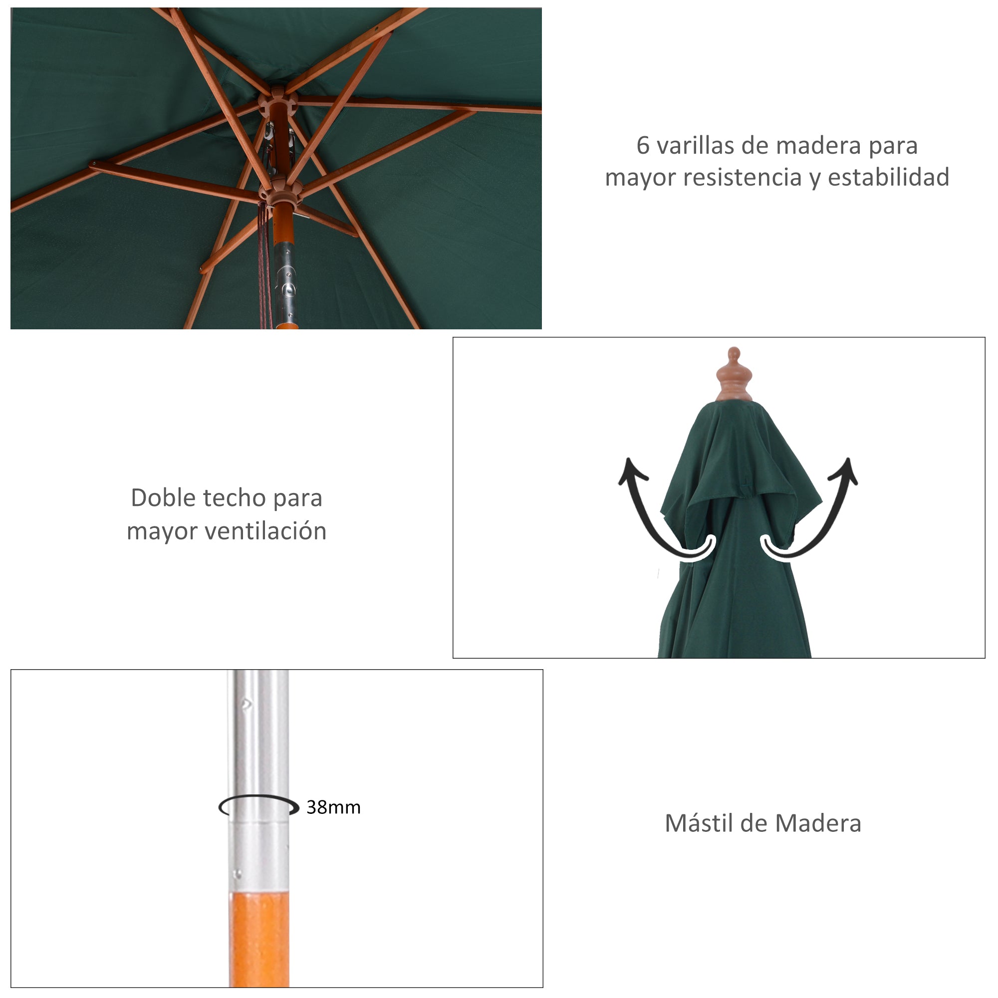 Garden Umbrella 200x150 cm Rectangular Patio Umbrella with Adjustable Angle Wooden Pole and Crank Parasol for Patio Terrace Green