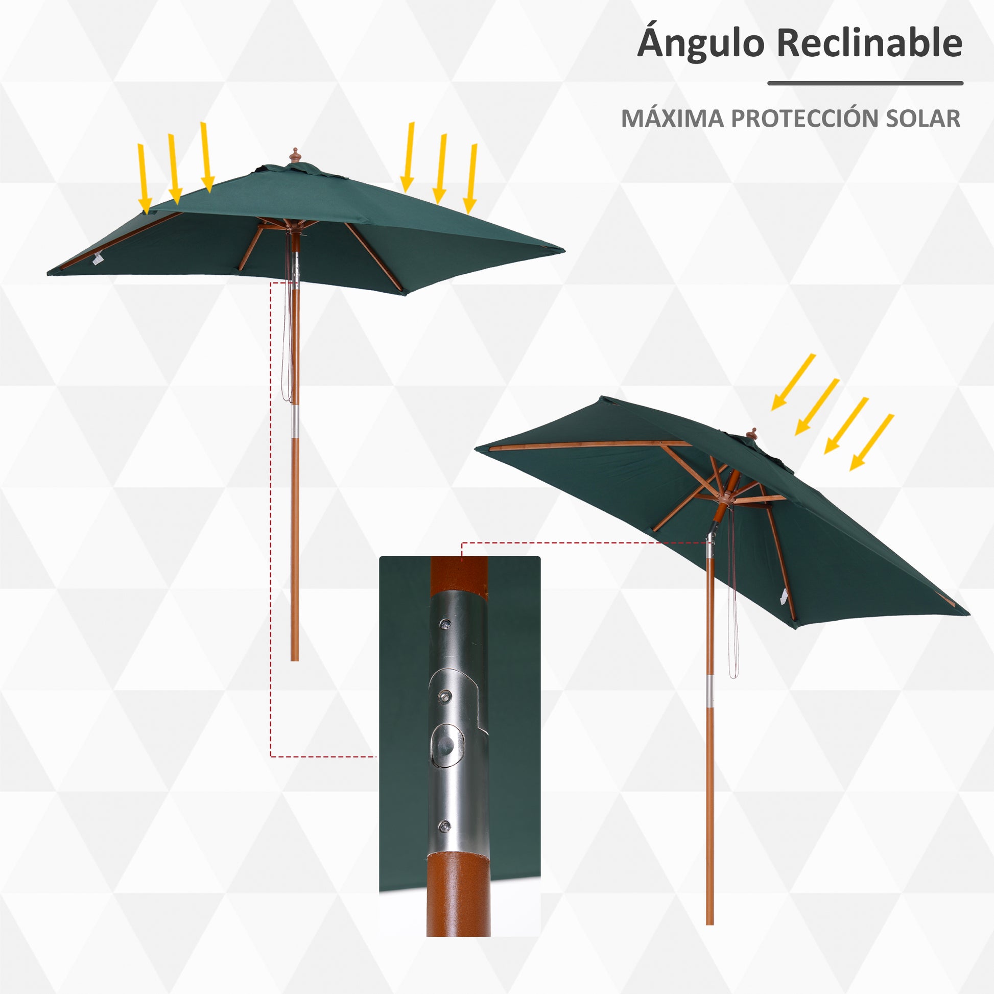Garden Umbrella 200x150 cm Rectangular Patio Umbrella with Adjustable Angle Wooden Pole and Crank Parasol for Patio Terrace Green